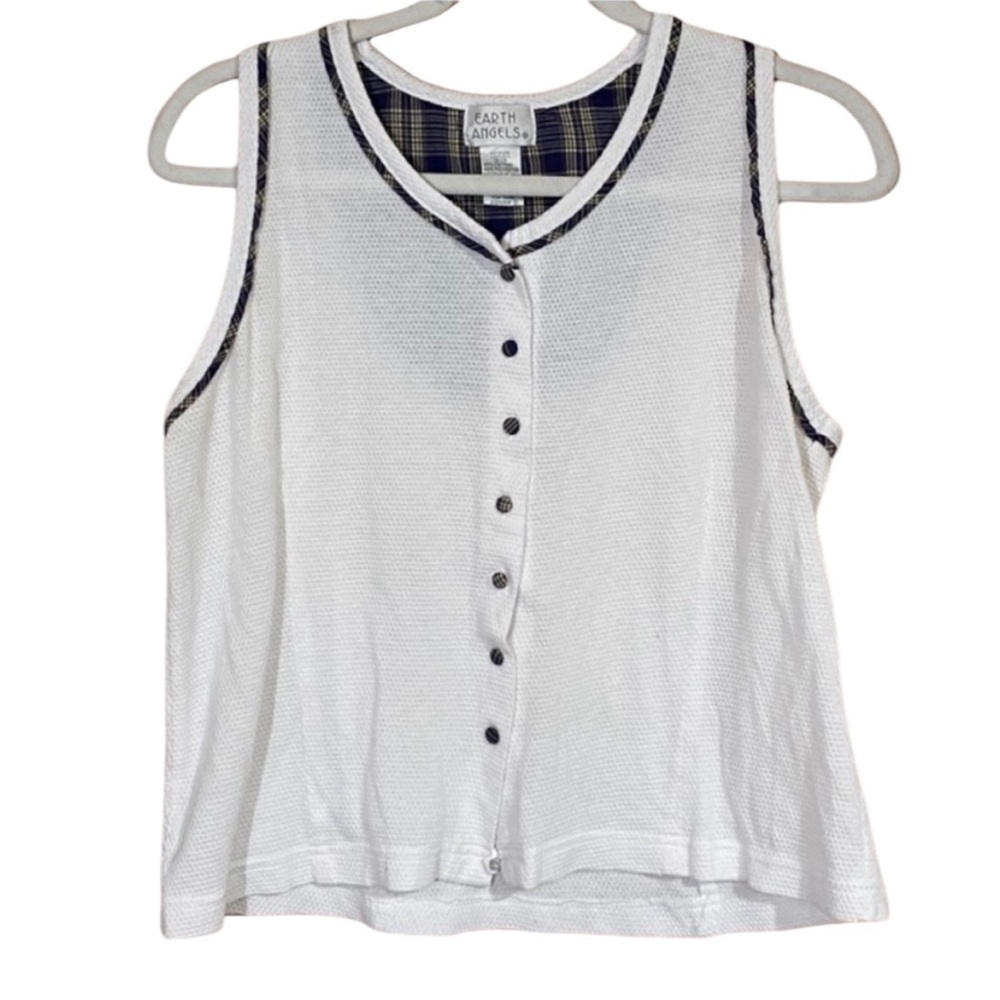 Earth Angel Tank Top Women’s Size Medium Plaid Design Button Down White Shirt!